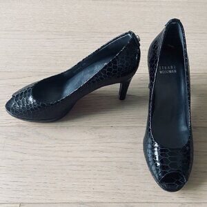 Stuart Weitzman Black Phyton Embrossed Leather Peep Toe Pumps